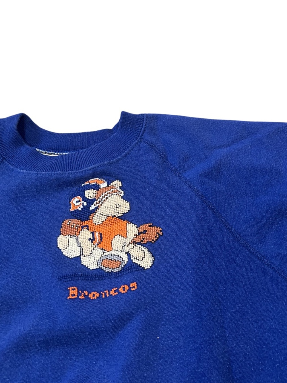 Vintage Broncos Needlepoint Embroidered Crewneck Sweatshirt | Blue | XL